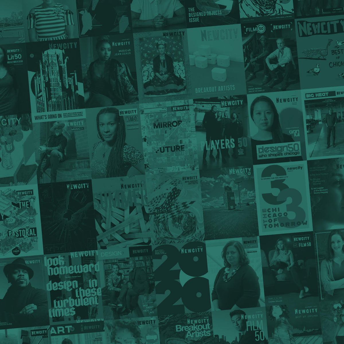 A collage of various Newcity magazine covers, featuring different people, text, and artistic designs, arranged in a diagonal grid with a greenish overlay.