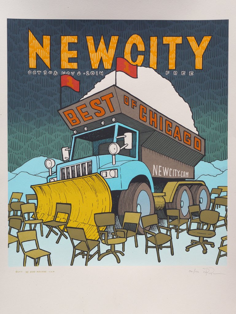 Illustration of a blue snowplow with “Best of Chicago” on its snow-filled bed, pushing aside school desks, under a “NEWCITY” headline with flags. Text indicates its a free magazine cover.
