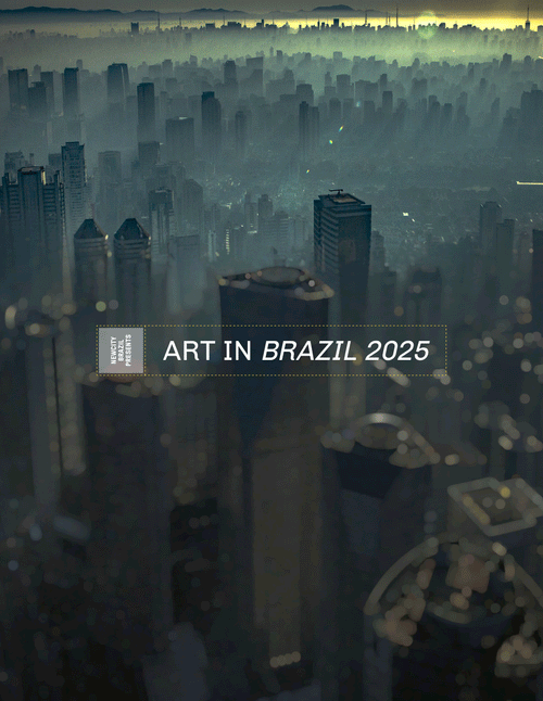 A hazy cityscape with tall buildings at dusk; centered text in white capital letters reads ART IN BRAZIL: A GUIDE FOR COLLECTORS, CURATORS AND THE CURIOUS (DIGITAL EDITION), evoking the spirit of the São Paulo Biennial and honoring iconic figures like Lina Bo Bardi.