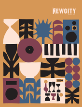 Abstract geometric illustration with plant-like shapes, vases, glasses, and patterns in black, cream, maroon, and blue on mustard. The design evokes Chicago's music scene. "December 2025 Issue: Pink (Print Edition)" is in the top right corner.