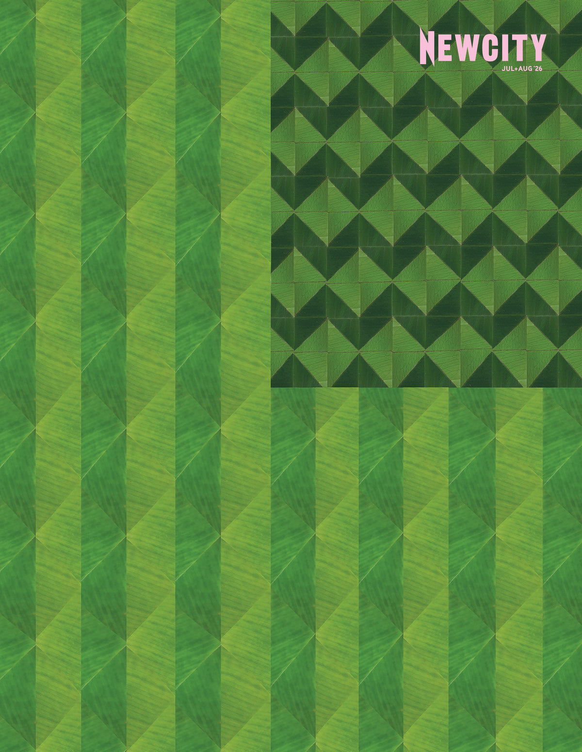 Geometric green triangles and stripes form the cover, with a dark grid in the top right. Pink "NEWCITY" text celebrates Chicago’s literary scene, with white text below for the July/August 2026 Issue: America 250 + Art in Michigan (Print Edition).