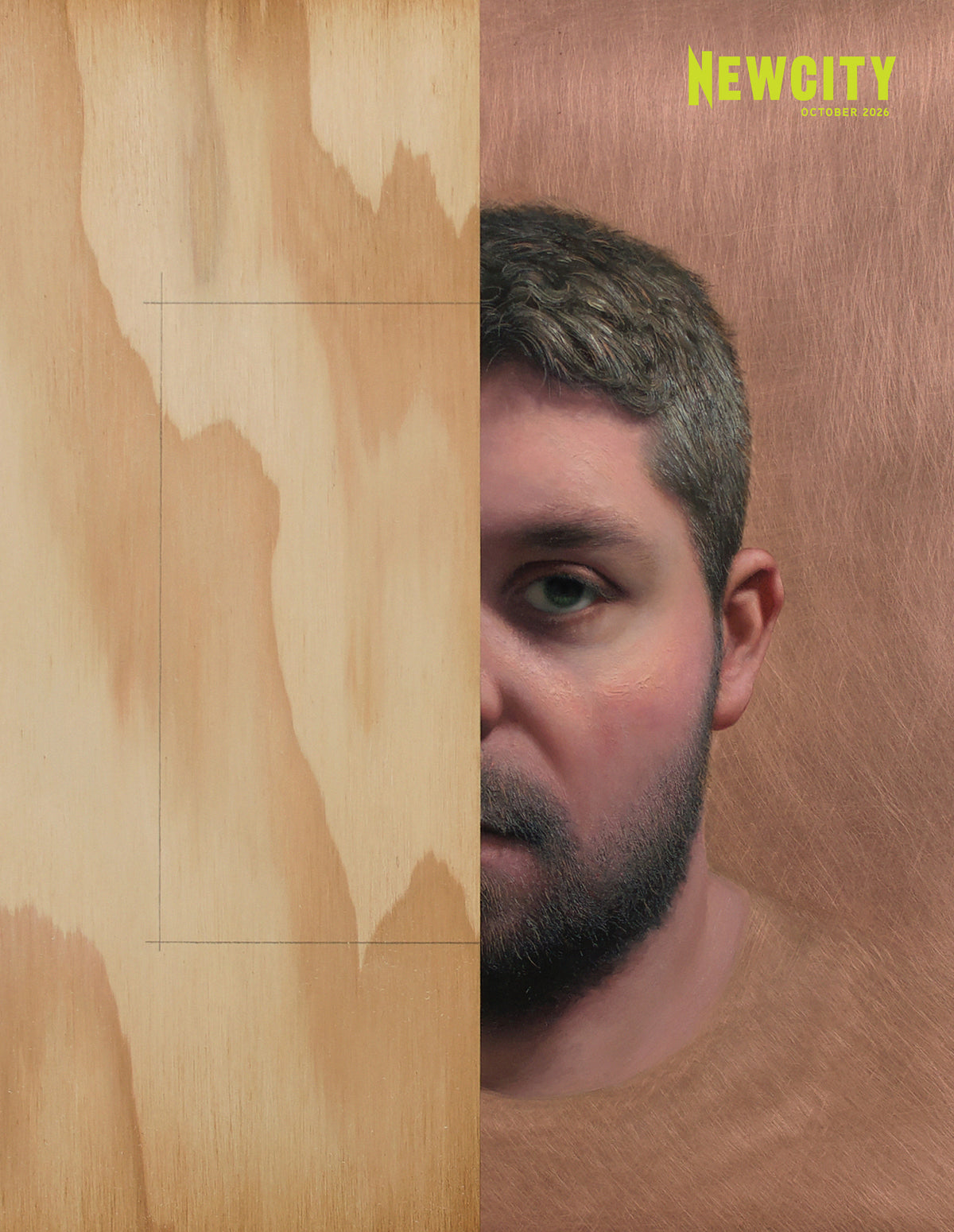 A magazine cover shows half of a man’s realistic painted face beside a wood-textured panel, highlighting the innovative spirit of Chicago designers. The title October 2026 Issue: Realism (Print Edition) appears in yellow text in the top right corner.