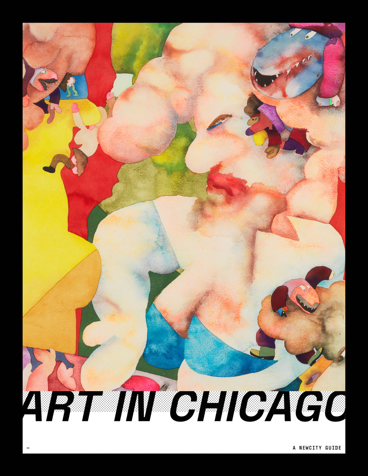 Colorful abstract watercolor figures in pink, blue, yellow, and green appear on the digital cover of "Art in Chicago: A Guide for Collectors, Curators and the Curious," with bold black text and a black border inspired by regional art influences.