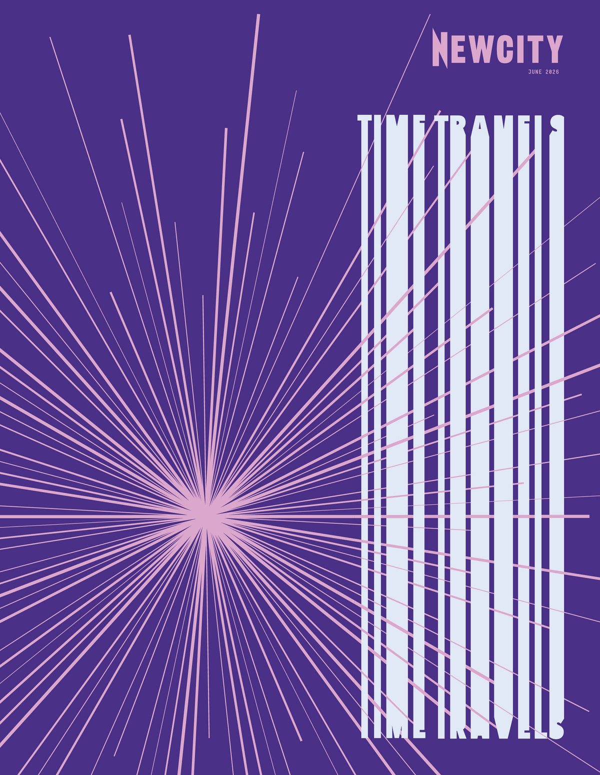 The June 2026 Issue: Design 50 (Print Edition) features a purple cover with radiating pink lines, NEWCITY at the top right, and TIME TRAVEL in tall white letters down the side—ideal inspiration for graphic designers and Chicago architects.