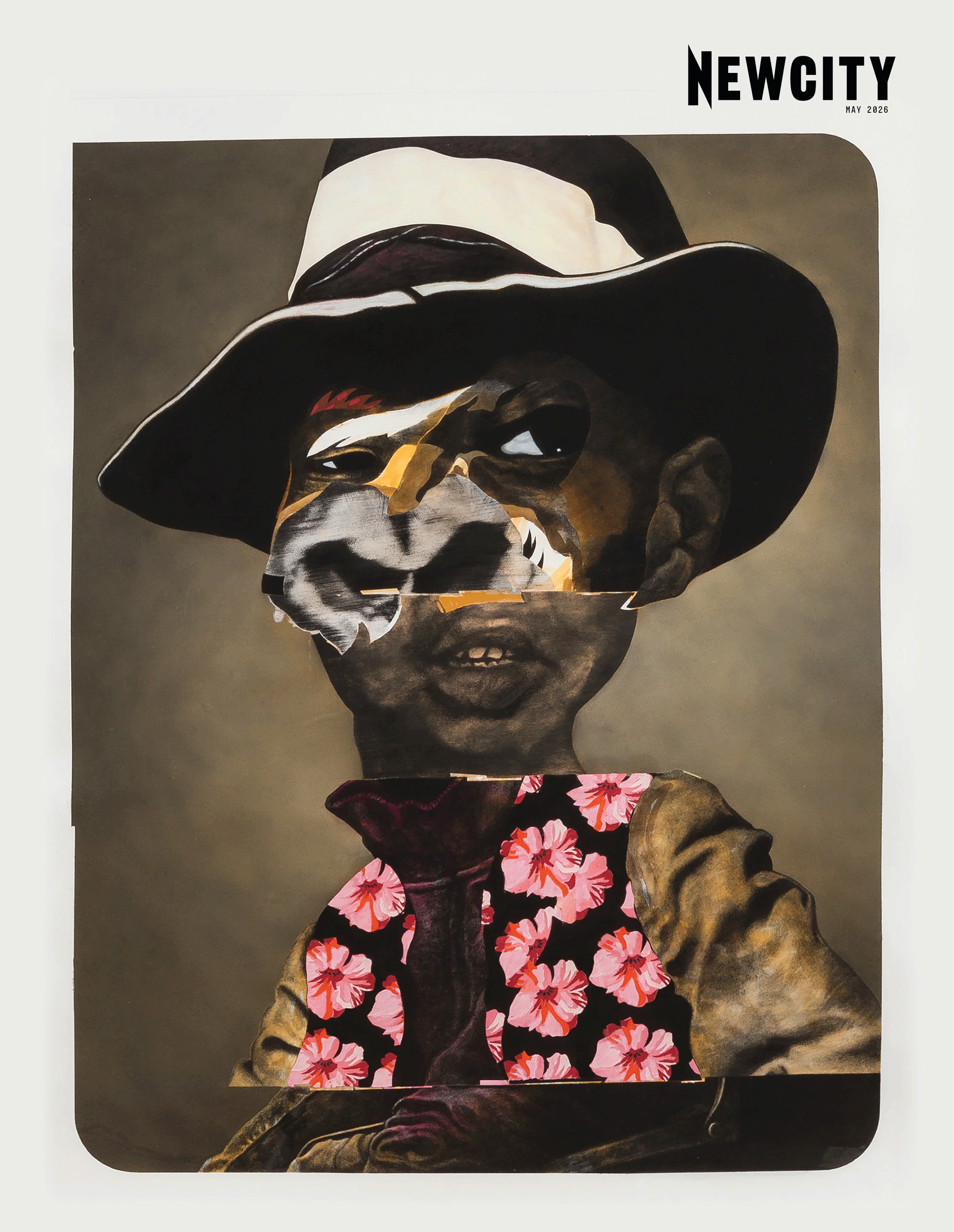 A surreal collage portrait features fragmented diary-like facial features, a wide-brimmed hat, floral vest, and gold jacket. "May 2026 Issue: Art + Water (Print Edition)" appears in bold black letters in the top right corner.