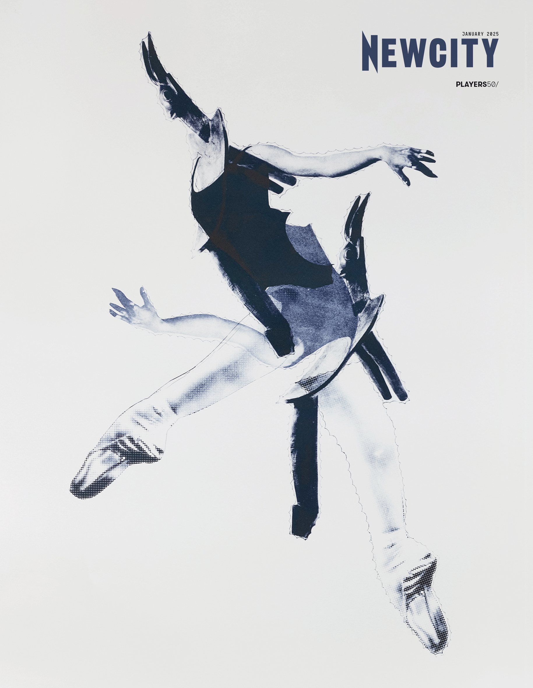 A stylized monochrome dancer leaps mid-air against a white background, echoing the dynamic energy of Wafaa Bilal’s Domestic Tension, with January 2025 Issue: Players 50 (Digital Edition) printed in the top right corner.
