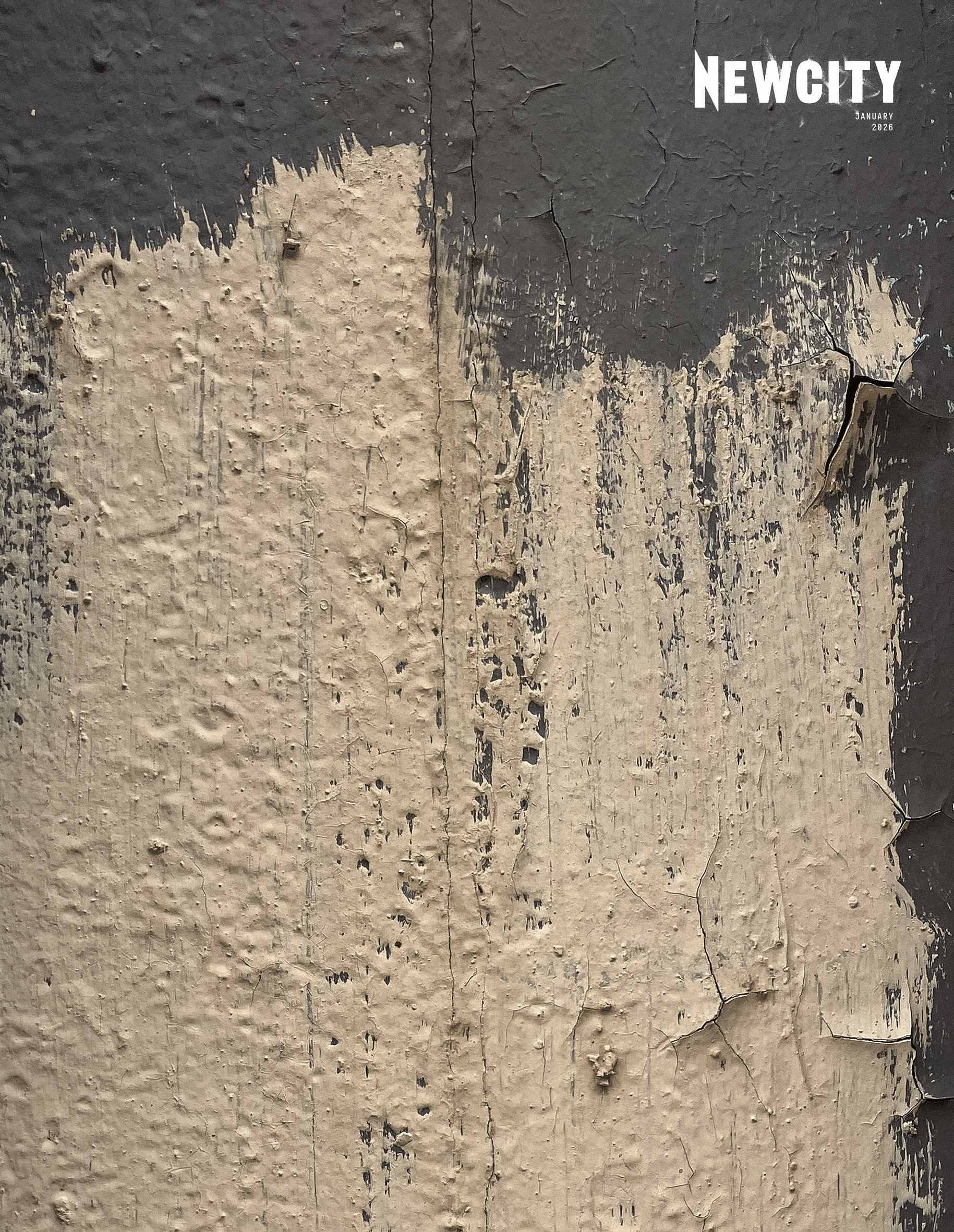 A close-up of a weathered wall with peeling paint. "NEWCITY" appears in white at the top right. January 2026 Issue: Players 50 