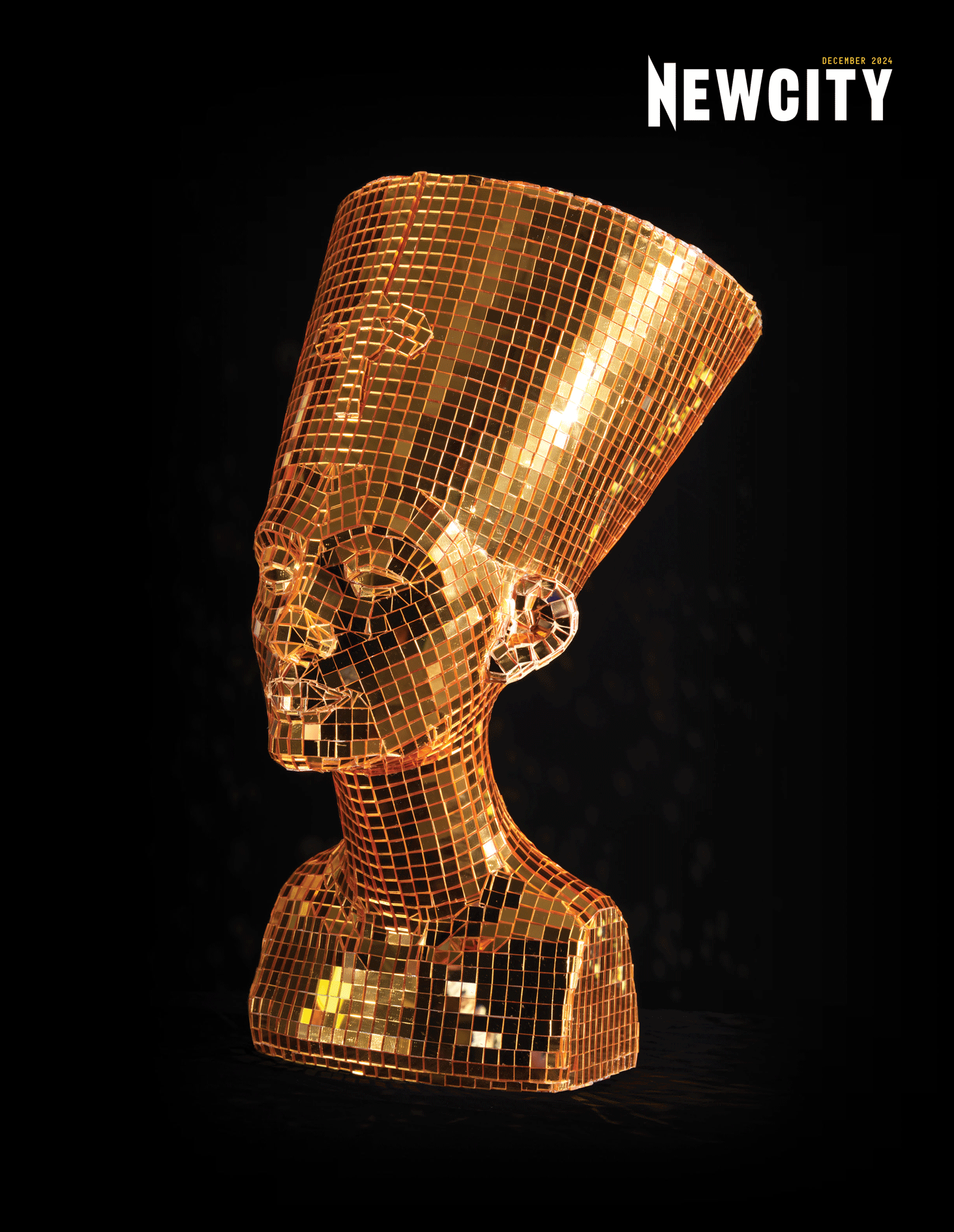 The December 2024 Issue: Panafrica (Digital Edition) features a Nefertiti-inspired bust by Marvin Glass & Associates, adorned with golden mosaic tiles on a black backdrop, with "NEWCITY" in white at the top right.