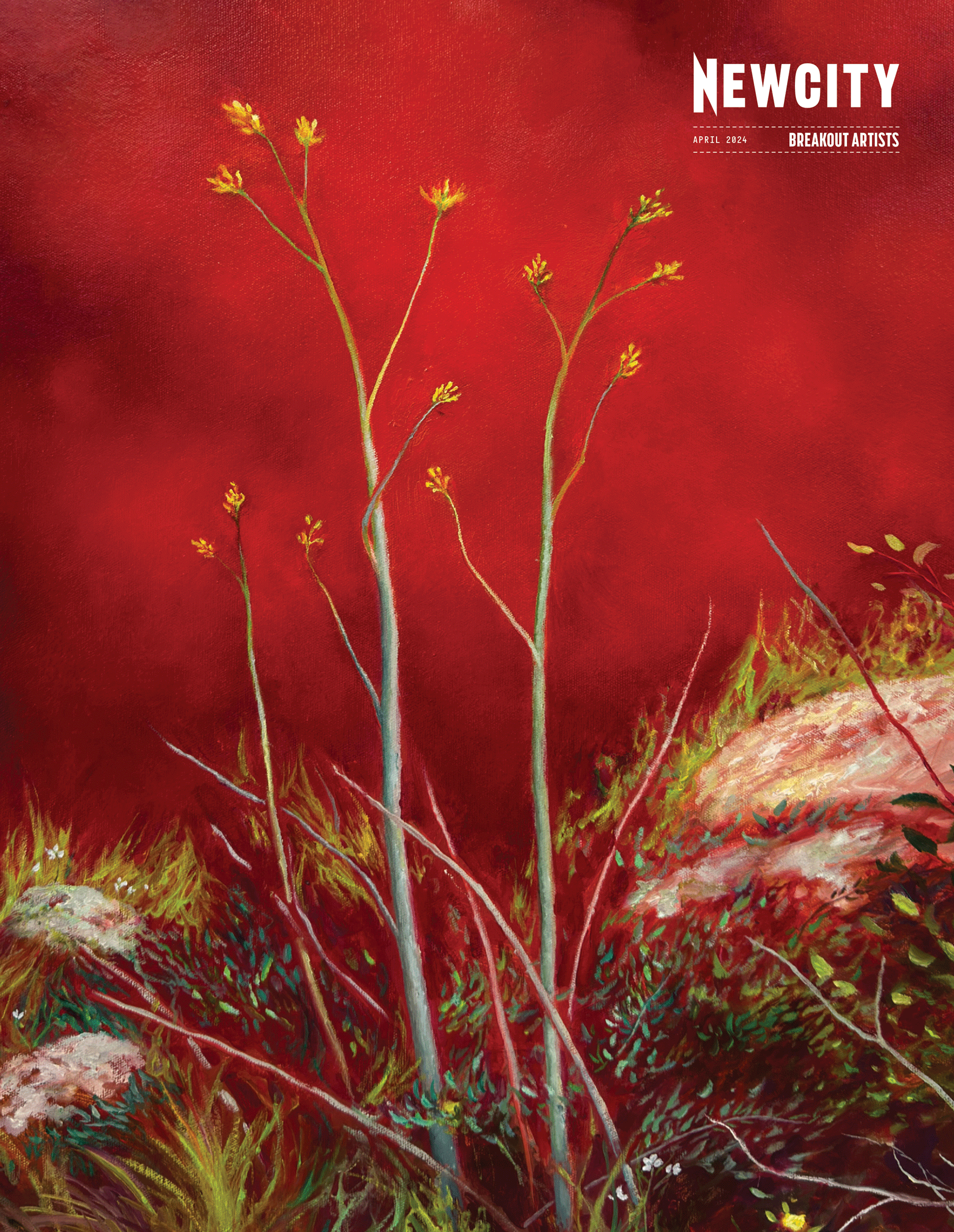 Tall, slender plant stems topped with small buds emerge from green and white foliage set against a striking red background, capturing the dynamic spirit of contemporary art. The text "April 2024 Issue: Breakout Artists (Print Edition)" appears in the upper right corner.