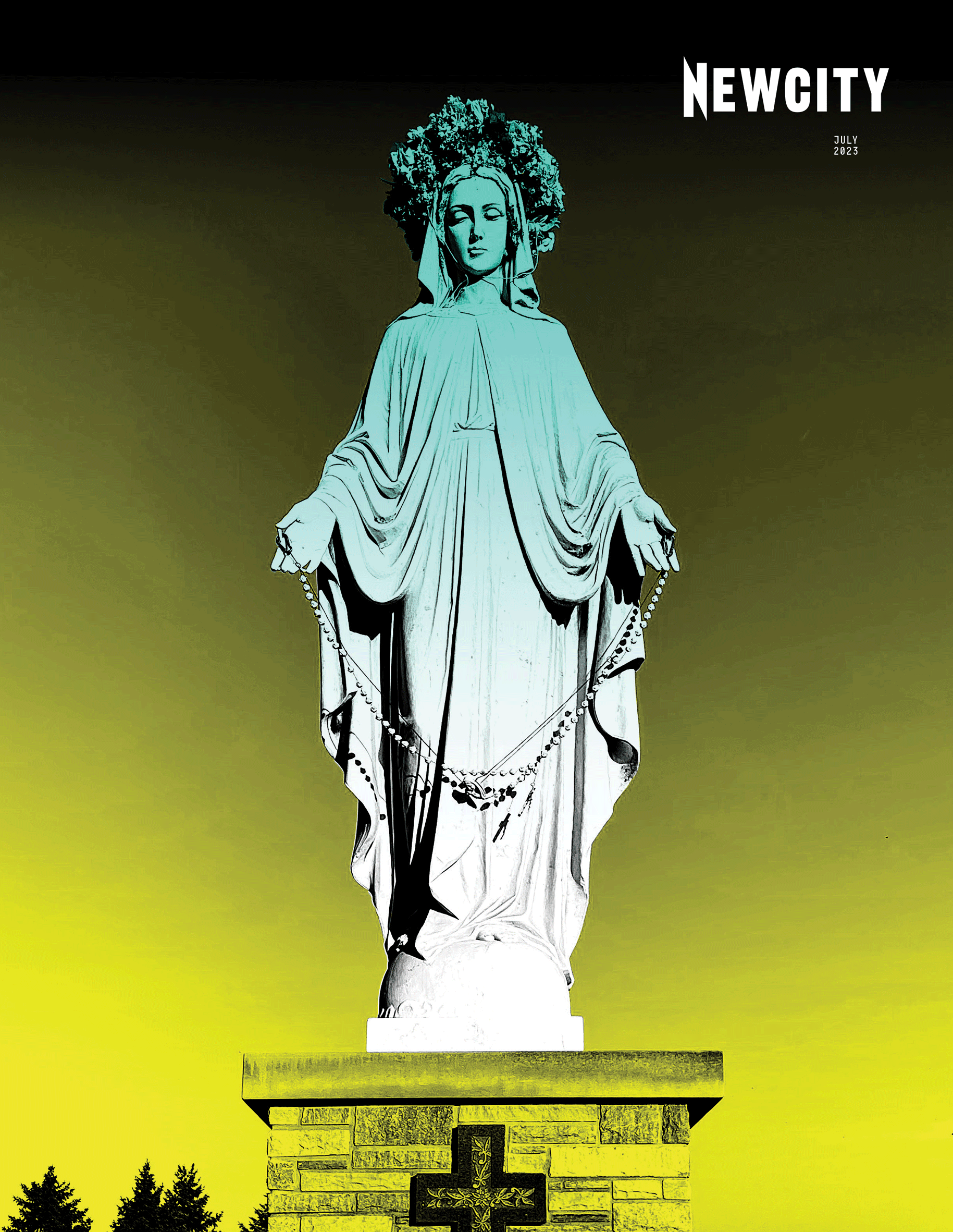 A statue of a woman in a robe, adorned with a floral crown and holding a rosary, stands atop a stone pedestal against a vivid yellow gradient sky. Mirroring the thought-provoking explorations seen in Gary Simmons’ contemporary art, the image prompts reflection on race and identity within artistic expression. The top right corner features the text NEWCITY JULY 2023, referencing the July 2023 Issue: Mary (Print Edition).