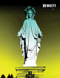 Against a yellow and green gradient sky, a statue of a robed woman holding a rosary stands atop a stone pedestal, with "NEWCITY" at the top right—a striking composition featured on the cover of July 2023 Issue: Mary (Digital Edition), evoking contemporary art’s exploration of race and identity.