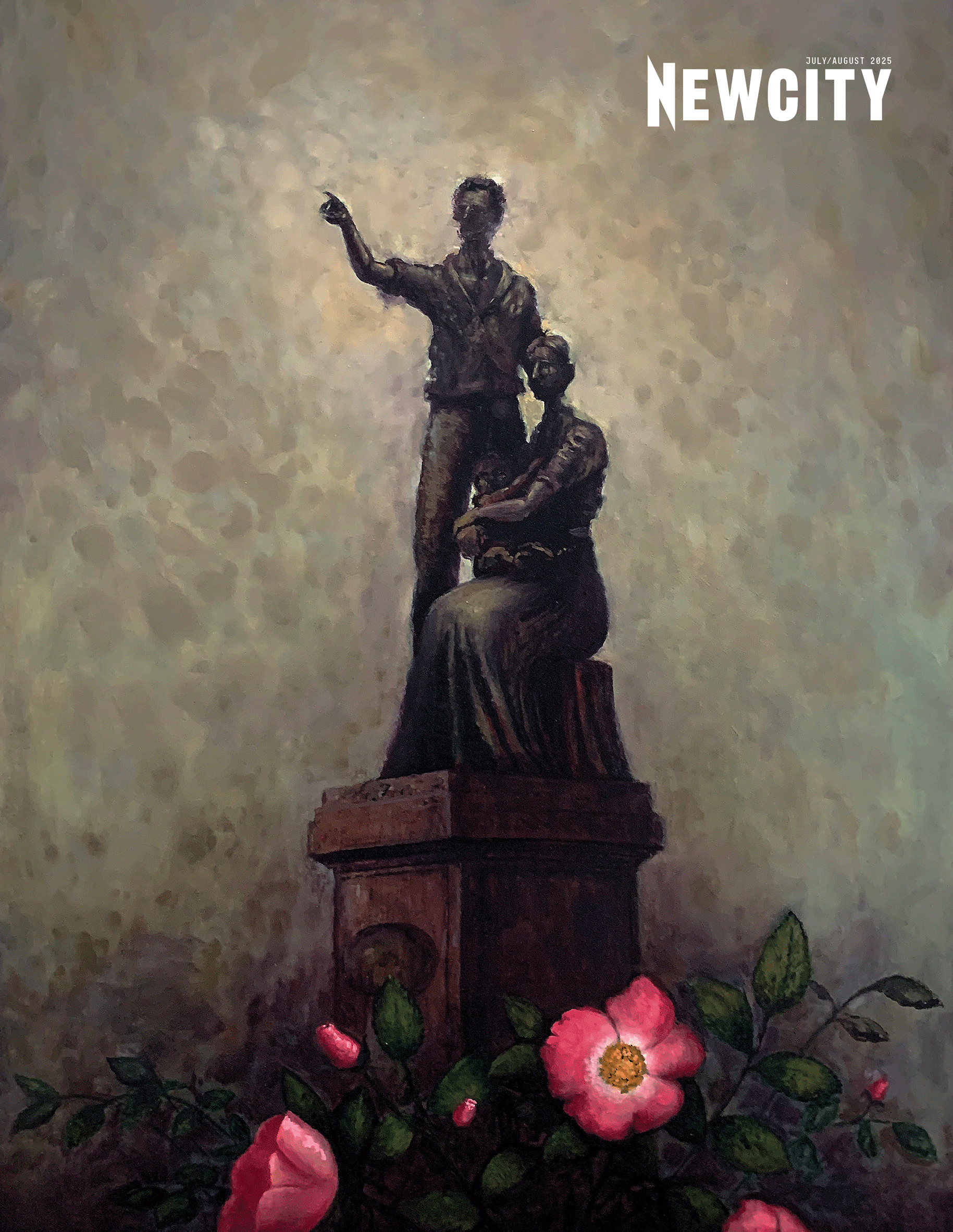 A painted statue of two people, with large pink flowers in front, is shown on the July/August 2025 Issue: Summer / Art in Wisconsin (Digital Edition); "NEWCITY" appears top right, referencing The House on Mango Street.