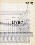 A striking architectural blueprint featuring ornate metalwork with winged detailing on a building facade serves as the cover for the August 2023 Issue: Lit 50 (Print Edition). The words "New City" and "LIT50" are prominently overlaid on the illustration, creating a design sure to capture the attention of exhibition curators or serve as a standout display at an institution like the Museum of Contemporary Art Chicago.