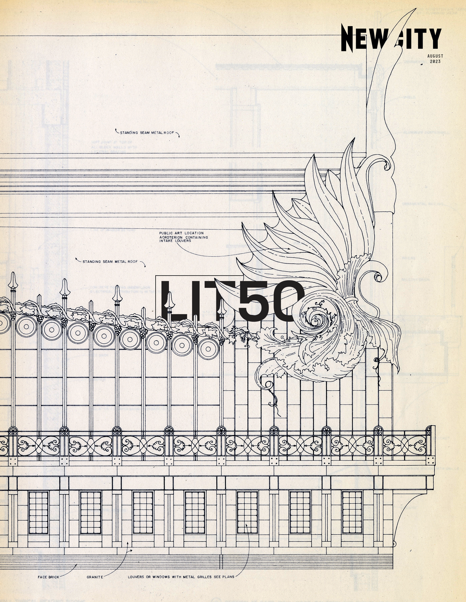 Digital edition cover of August 2023 Issue: Lit 50, featuring an architectural blueprint with a decorative metal facade and ornate winged motifs. "NEW CITY" is prominently displayed in the top right, reflecting the innovative energy inspired by curated spaces like the Museum of Contemporary Art Chicago and the vibrant Puerto Rico art scene.