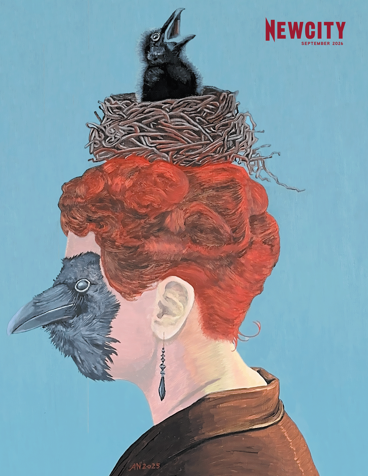 A surreal painting of a person in profile with red hair, their face partly transforming into crows, and a bird’s nest with a squawking chick perched atop their head. The top right features “September 2026 Issue: Art 50 + Fall Arts (Print Edition)”, capturing the spirit of Chicago arts preview season and offering a glimpse at upcoming fall arts events in the city.