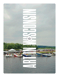 Boats dock along a lakeshore as people gather on the beach under clouds. Bold vertical text reads "Art in Wisconsin: A Guide for Collectors, Curators and the Curious (Digital Edition)" with a circular NEWCITY ART GUIDE logo centered.