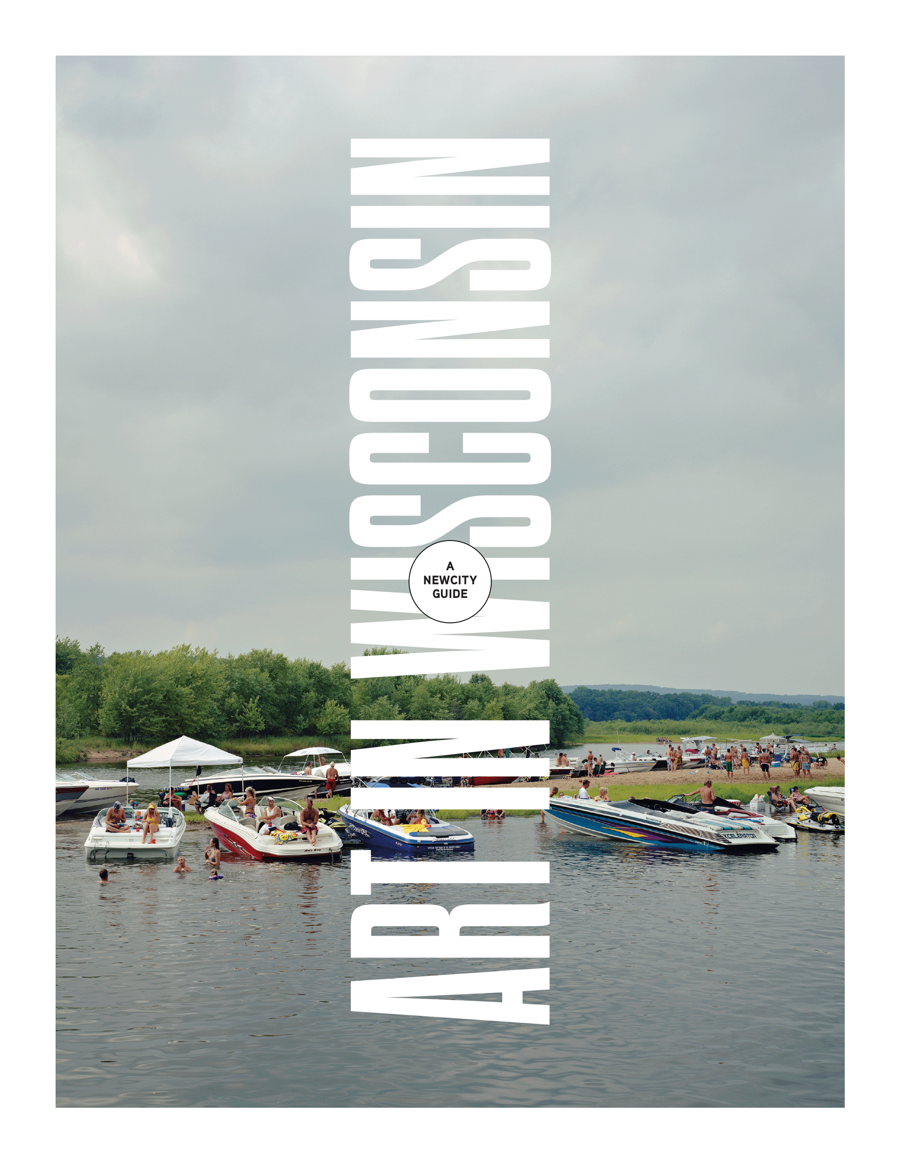 Boats dock along a lakeshore as people gather on the beach under clouds. Bold vertical text reads "Art in Wisconsin: A Guide for Collectors, Curators and the Curious (Digital Edition)" with a circular NEWCITY ART GUIDE logo centered.