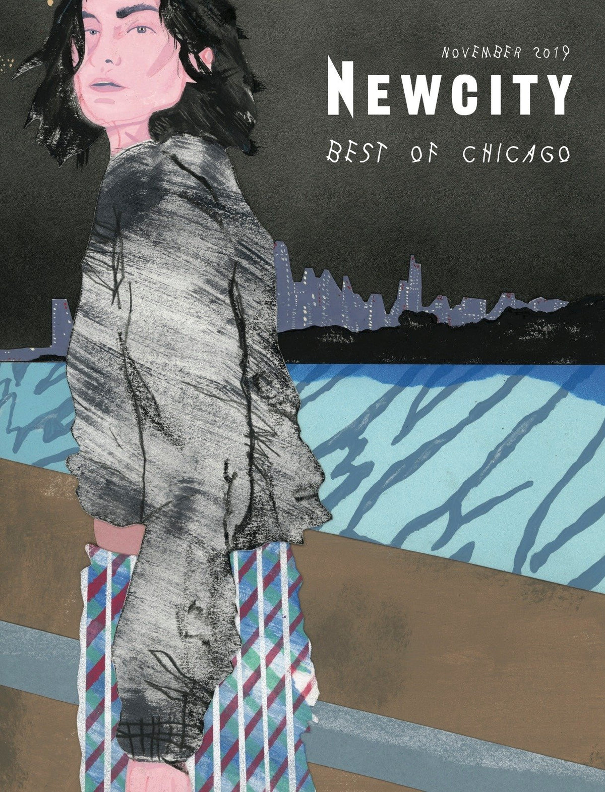 An illustrated person with black hair stands by a patterned railing overlooking blue water and a city skyline. The cover reads “NEWCITY” & “Best of Chicago,” November 2019—ideal for your Newcity Annual Subscription and home delivery.