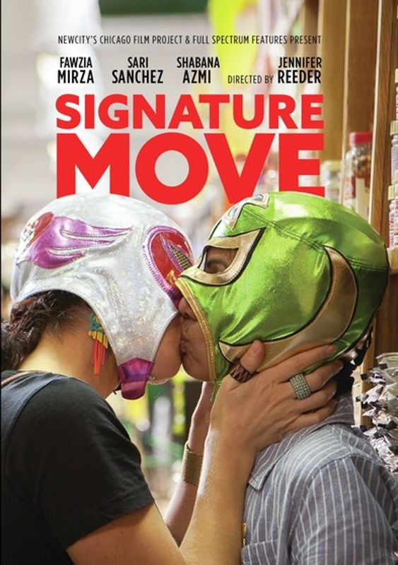 Two people wearing colorful lucha libre masks share a kiss in a store aisle, capturing the spirit of lucha-style wrestling. The Signature Move DVD features the movie title above them along with cast and crew names, highlighting this American-Pakistani romance film set against the vibrant backdrop of Chicago's LGBT movie scene.