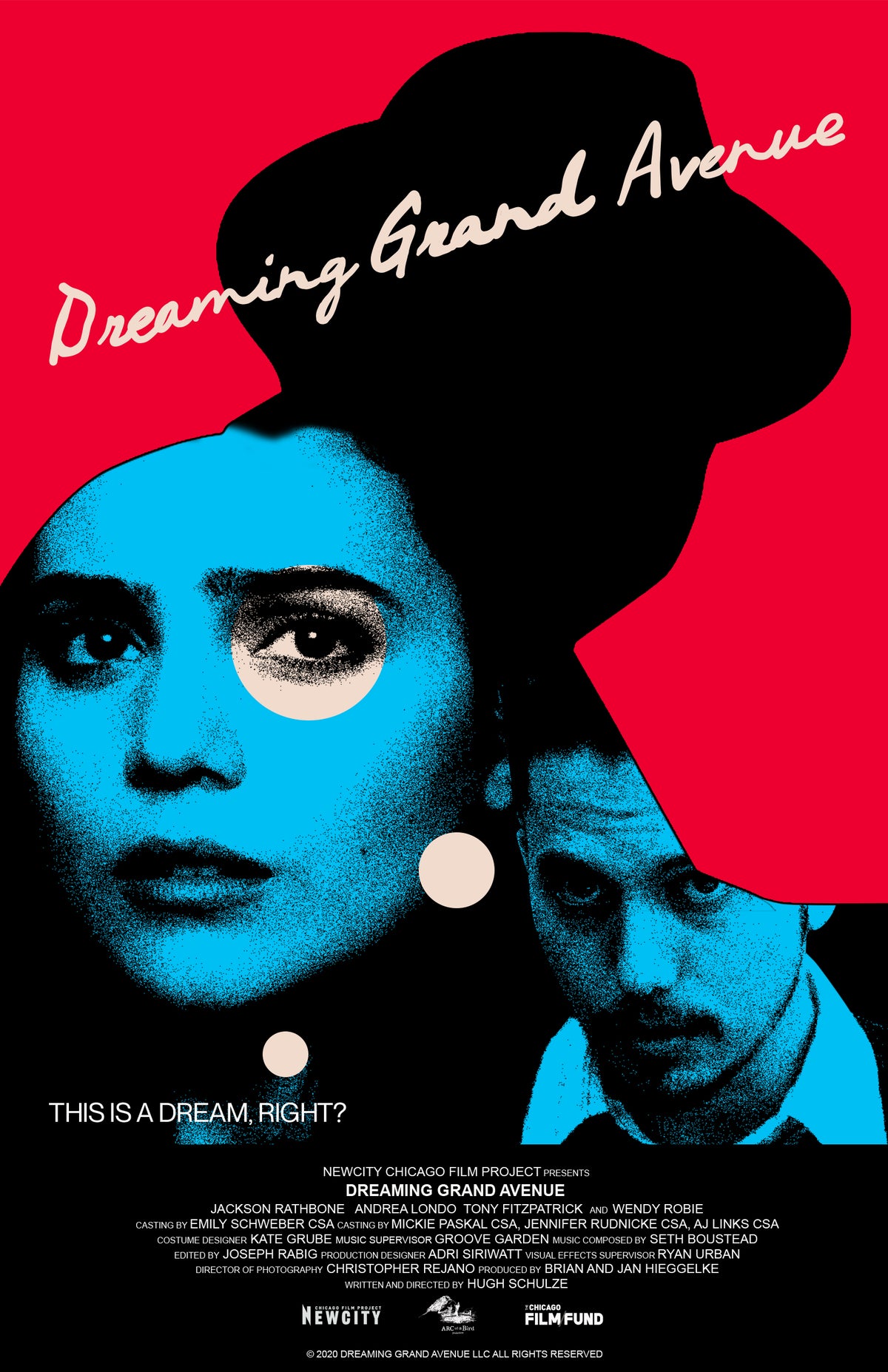 Official Description: The Dreaming Grand Avenue Official Movie Poster showcases blue-tinted faces of a woman and a man against a vivid red, pink, and black background. The title appears in bold yellow script, with the tagline "This is a dream, right?" featured at the bottom. This striking double-sided poster perfectly captures the surreal atmosphere of the film.