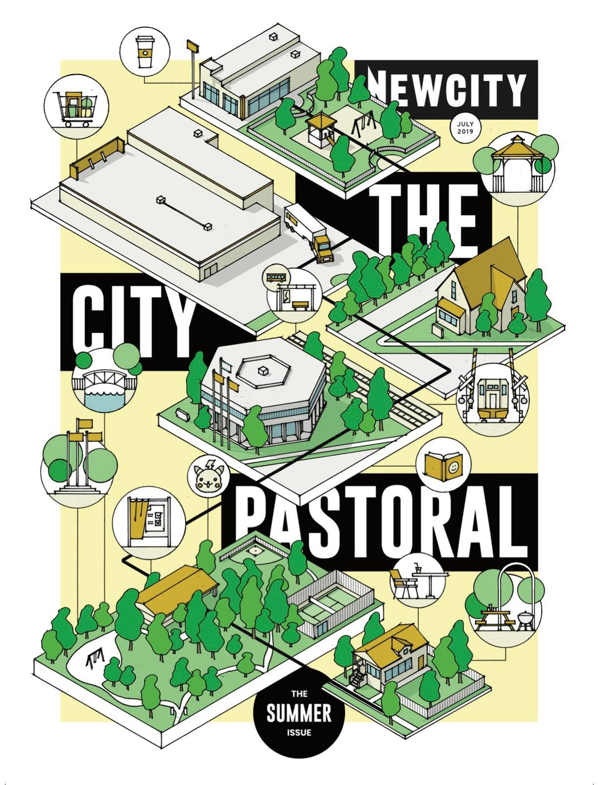 Illustration of a city with buildings, homes, parks, and labeled “CITY PASTORAL” and “NEW CITY.” Circular insets highlight food, buses, trees, and outdoor enjoyment. The cover reads “July 2019 Issue: Summer,” inviting readers to experience summer adventure reminiscent of a day at Chicago Japanese Garden.