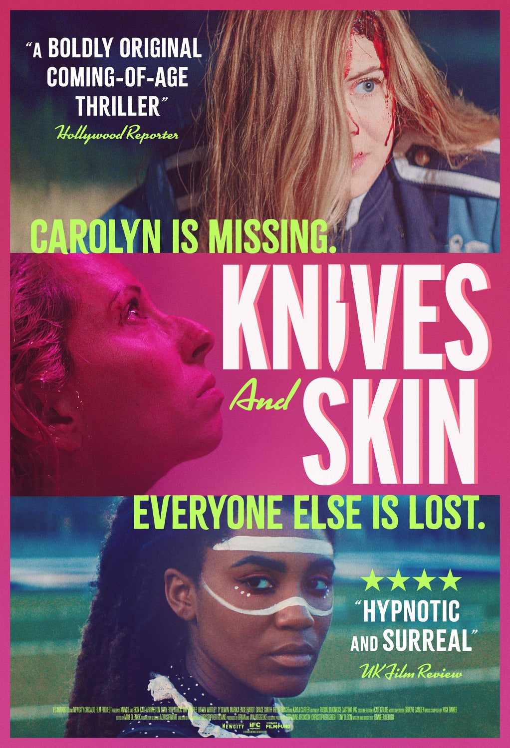 The Knives and Skin Official Movie Poster showcases photos of three women, bold text reading “CAROLYN IS MISSING. EVERYONE ELSE IS LOST.”, and critical quotes describing the film as “thrilling” and “hypnotic and surreal.” This striking poster perfectly conveys the haunting atmosphere of the movie.
