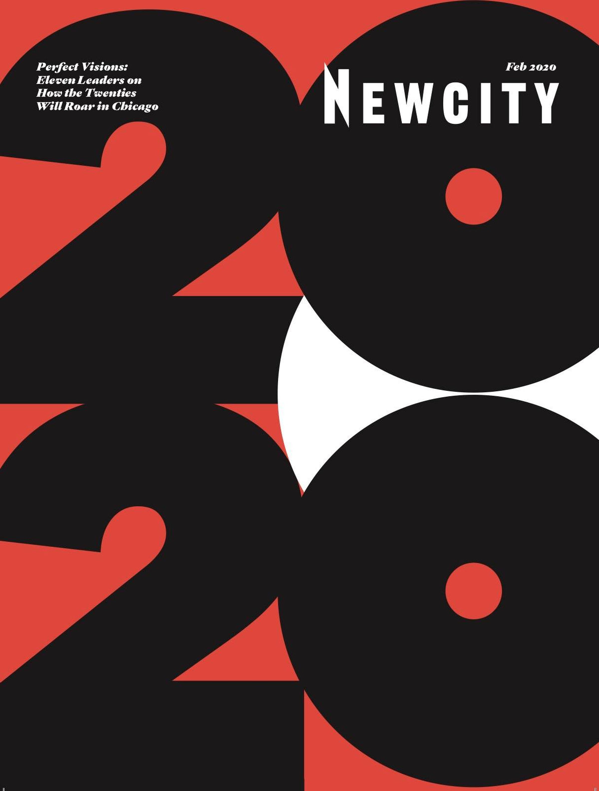 A bold red, black, and white magazine cover features large 2020 numbers, celebrating an Anniversary Issue that highlights Chicago culture, with “Perfect Visions,” the February 2020 issue of Newcity, detailed in the upper right corner.