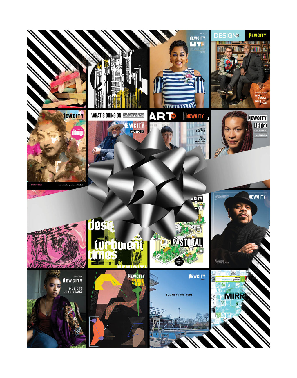 A collage of Newcity magazine covers with diverse people and art, topped by a silver gift bow—set against bold black-and-white stripes—makes the Newcity Gift Subscription an inspiring gift idea.