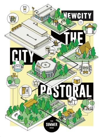 Illustration of modern and pastoral buildings amid greenery, featuring the text NEW CITY, THE CITY PASTORAL, and THE SUMMER ISSUE—ideal for anyone interested in a Newcity Annual Subscription.