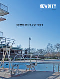 Beneath a clear blue sky, an empty outdoor swimming pool with diving boards and chairs sets a scene of solitary reflection reminiscent of a literary magazine cover; the words "Newcity" and "June 2020 Issue: Summer" adorn the image, suggesting evocative nonfiction in the spirit of writers like Joe Meno.