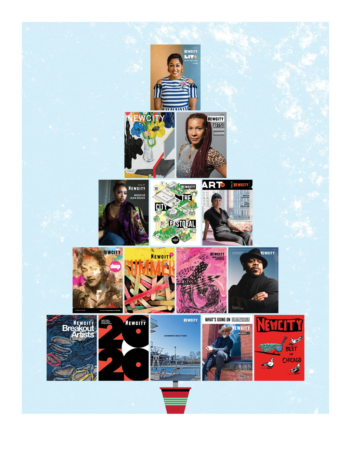 Newcity magazine covers form a Christmas tree on a light blue, speckled background with a red-and-white pot—an eye-catching display that highlights the Newcity Gift Subscription as the perfect festive present.