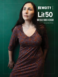 A woman with long dark hair poses against a green background on the cover of the August 2020 Issue: Lit 50. She wears a patterned maroon dress and gazes thoughtfully to the side, embodying the creative spirit of Chicago writers whose voices resonate from Lake Michigan throughout the city.