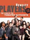 A diverse group of people pose together, smiling and laughing, beneath a headline that reads “January 2018 Issue: Players 50,” capturing the lively spirit and creativity of today’s theater community.