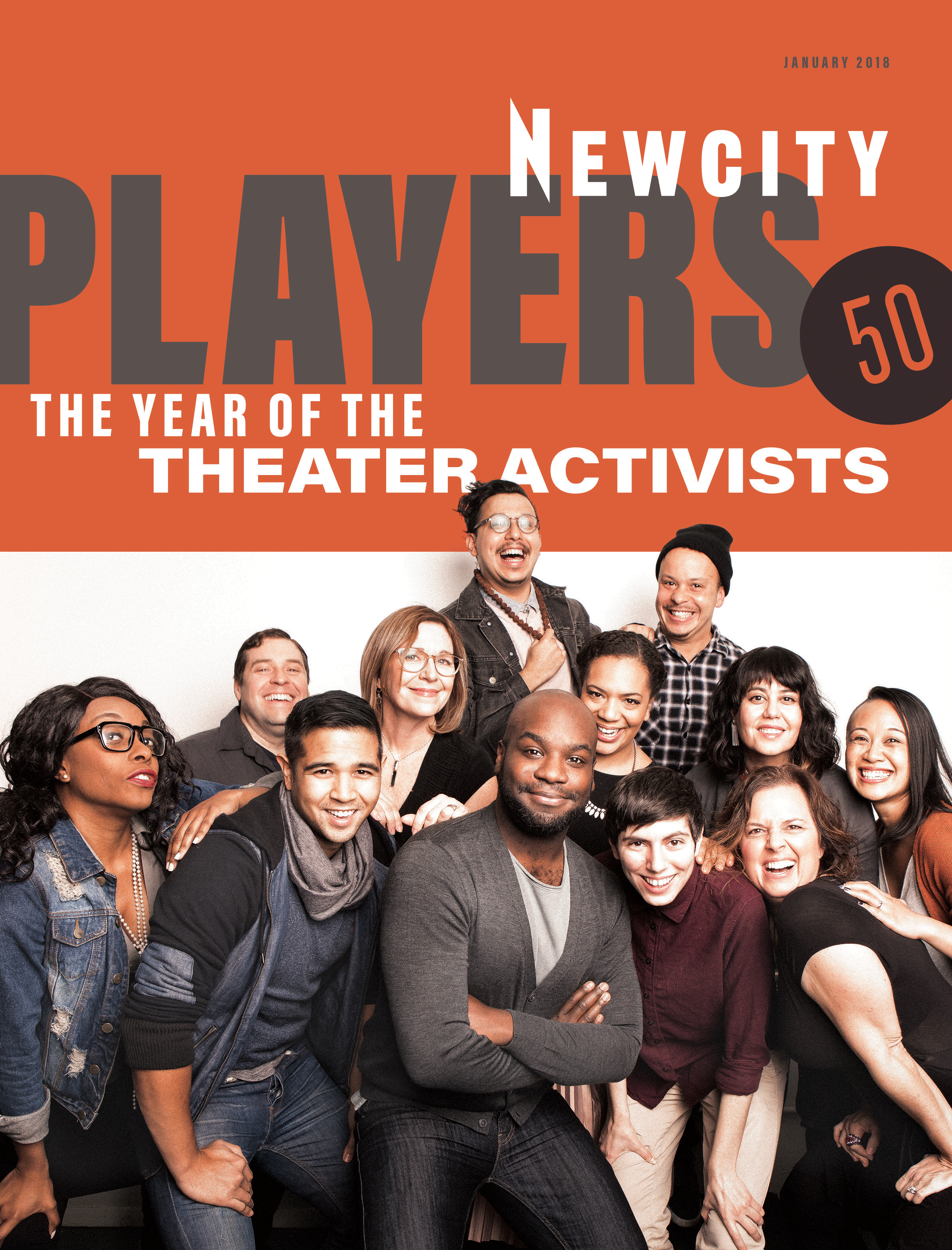 A diverse group of people pose together, smiling and laughing, beneath a headline that reads “January 2018 Issue: Players 50,” capturing the lively spirit and creativity of today’s theater community.