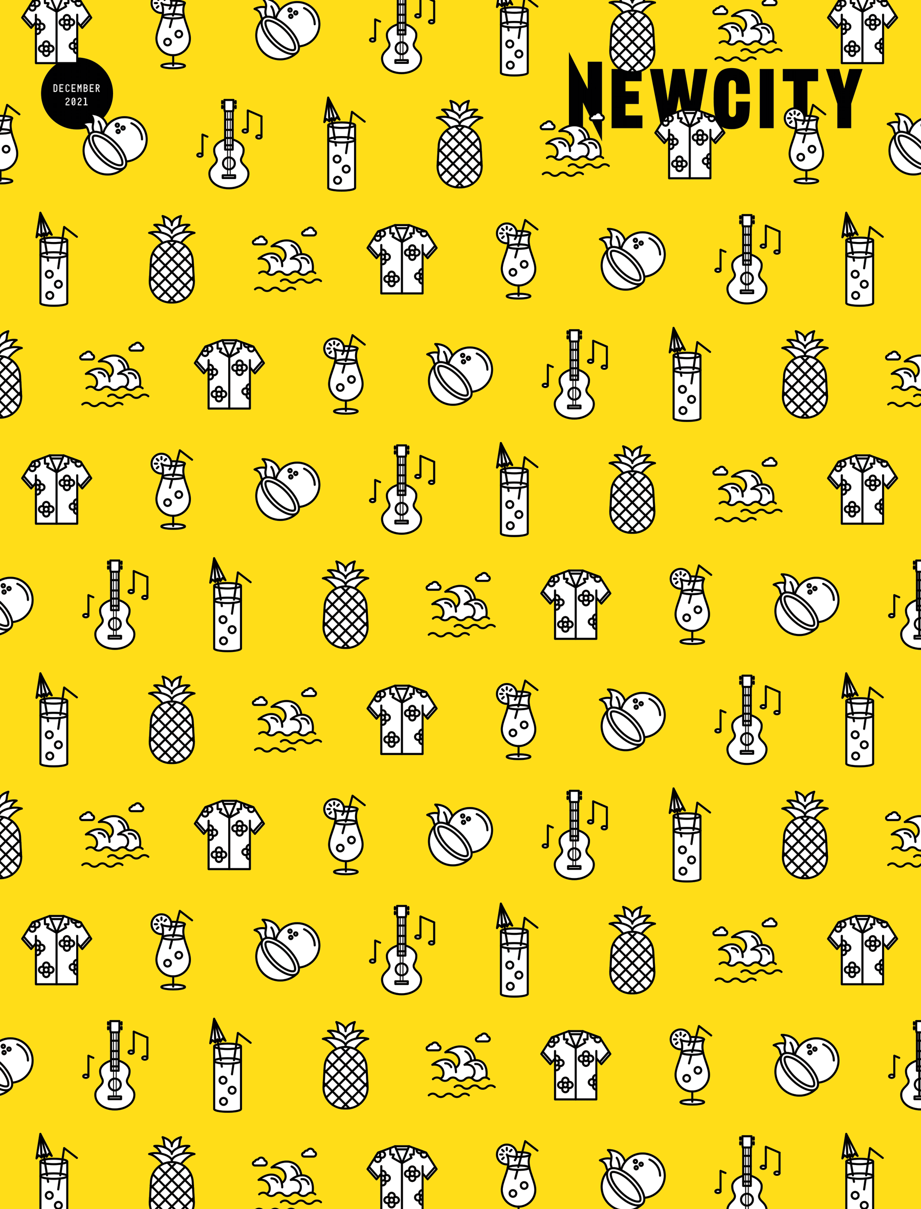 A yellow background features a repeating pattern of outlined pineapples, guitars, musical notes, island huts, and waves—capturing the spirit of Afro-Optimism and Chicago-inspired creativity. The product title "December 2021: Reckoning (Digital Download)" appears in bold black letters in the top right corner, while "DECEMBER 2021" is displayed in a small circle at the top left.