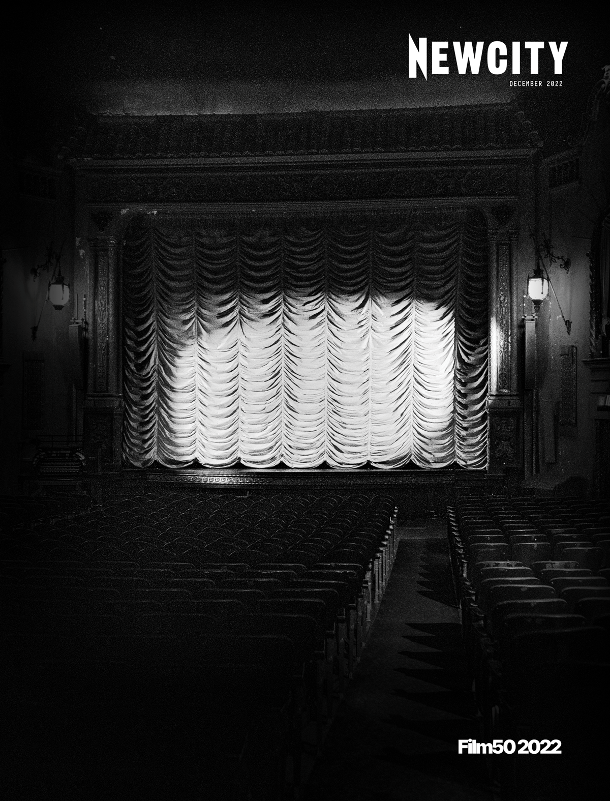 Black and white photo of an ornate theater with a closed curtain on stage and empty seats in the foreground, featuring NEWCITY and "Film 50, December 2022 Issue" text at the top and bottom. Inspired by the Field Guide to Photography and Media at the Art Institute of Chicago, this evocative image reflects the curatorial vision of Elizabeth Siegel. Now available as a Digital Edition.
