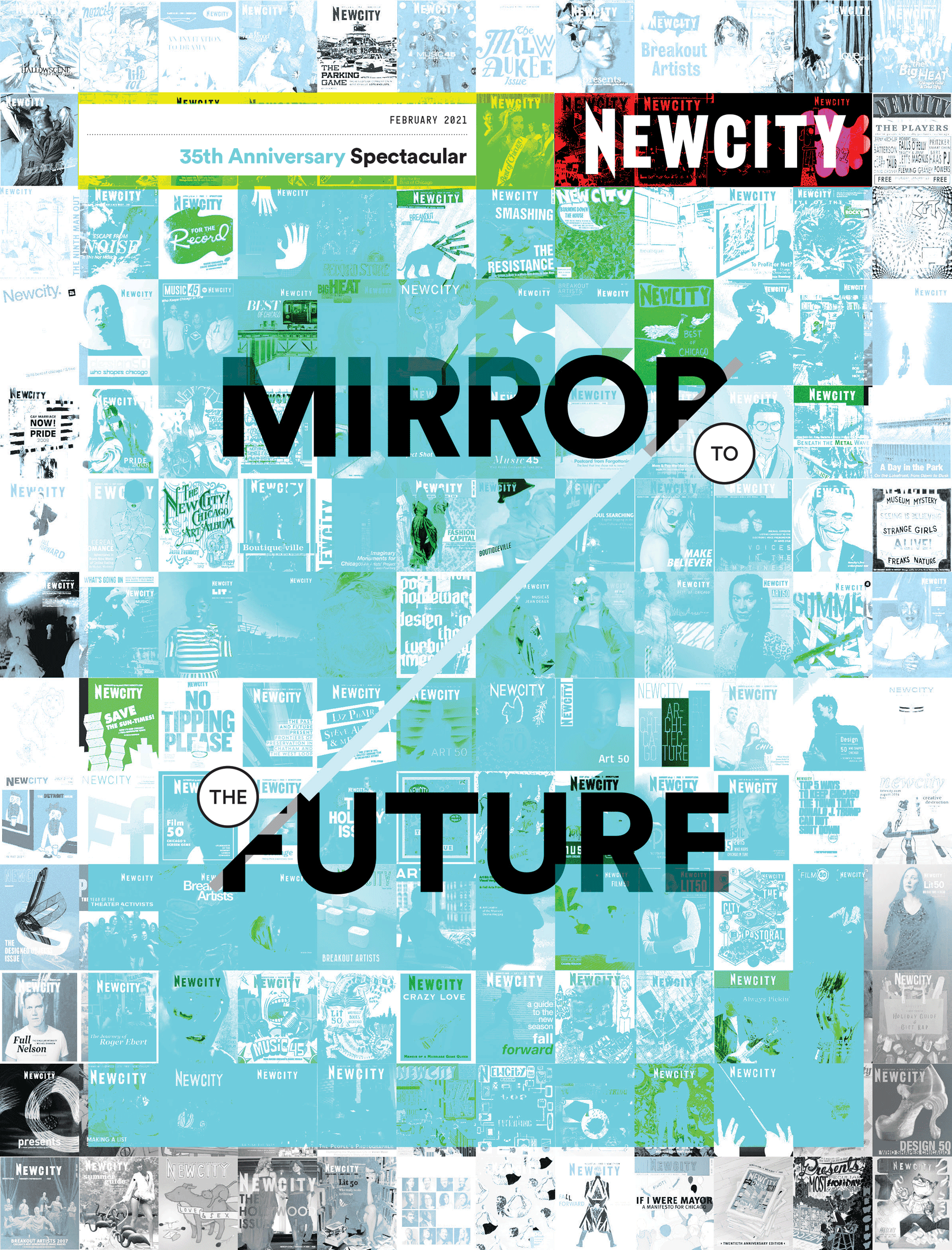 A collage of magazine covers with a blue overlay features the text February 2021: 35th Anniversary Spectacular diagonally across the center, with the theme evoking the innovative spirit of iconic World's Fair attractions like Java Village Chicago on the historic Midway Plaisance.