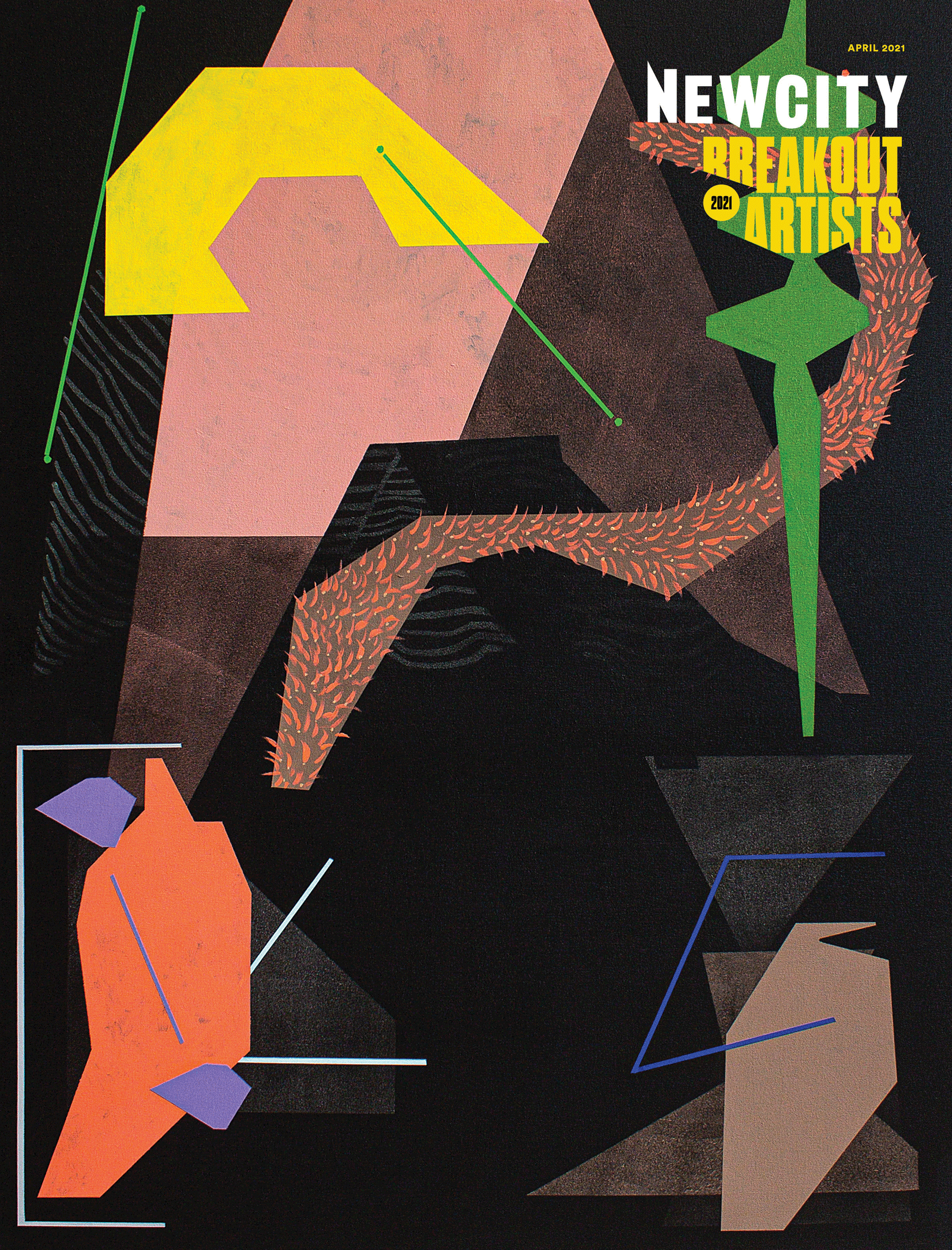Overlapping abstract geometric shapes in yellow, green, pink, orange, and brown stand out against a black background, capturing the vibrant energy of contemporary art. At the top right, “NEWCITY BREAKOUT ARTISTS 2021 APRIL 2021” appears in white and yellow text, announcing the celebration of emerging talent featured in the April 2021 Issue: Breakout Artists.