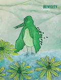 A green, cartoon-like bird with a striped beak stands among large yellow flowers, embodying the playful spirit of contemporary art. Set against a light green and blue background, the cover features the text "NEWCITY April 2022: Breakout Artists 2022" in the top right corner, celebrating community-focused artists making their mark this year—a highlight of the April 2022 Issue: Breakout Artists (Digital Download).