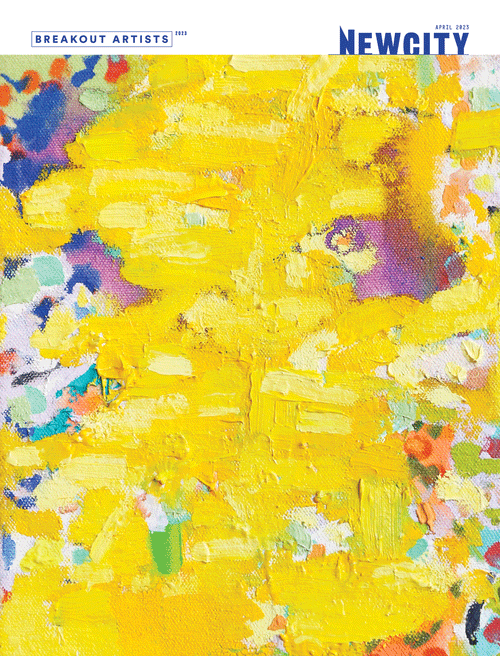 Close-up of a vibrant abstract painting featuring bold yellow brushstrokes at the center, accented by splashes of purple, white, blue, and red. Celebrating the creative vision of emerging artists, the top displays "Newcity April 2023 Issue: Breakout Artists (Digital Edition)" text.