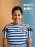 A smiling woman, dressed in a striped dress with floral embroidery, stands against a two-tone background. The text reads: “June 2019 Issue: Lit 50 – Who really books in Chicago – Eve L. Ewing.”.