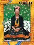 A woman with flowers in her hair and colorful traditional clothing sits on a white bench against a green floral background, framed by a yellow patterned border—capturing the vibrant essence of the "June 2021: Frida" piece, inspired by African American art and reminiscent of displays at renowned Chicago art events.
