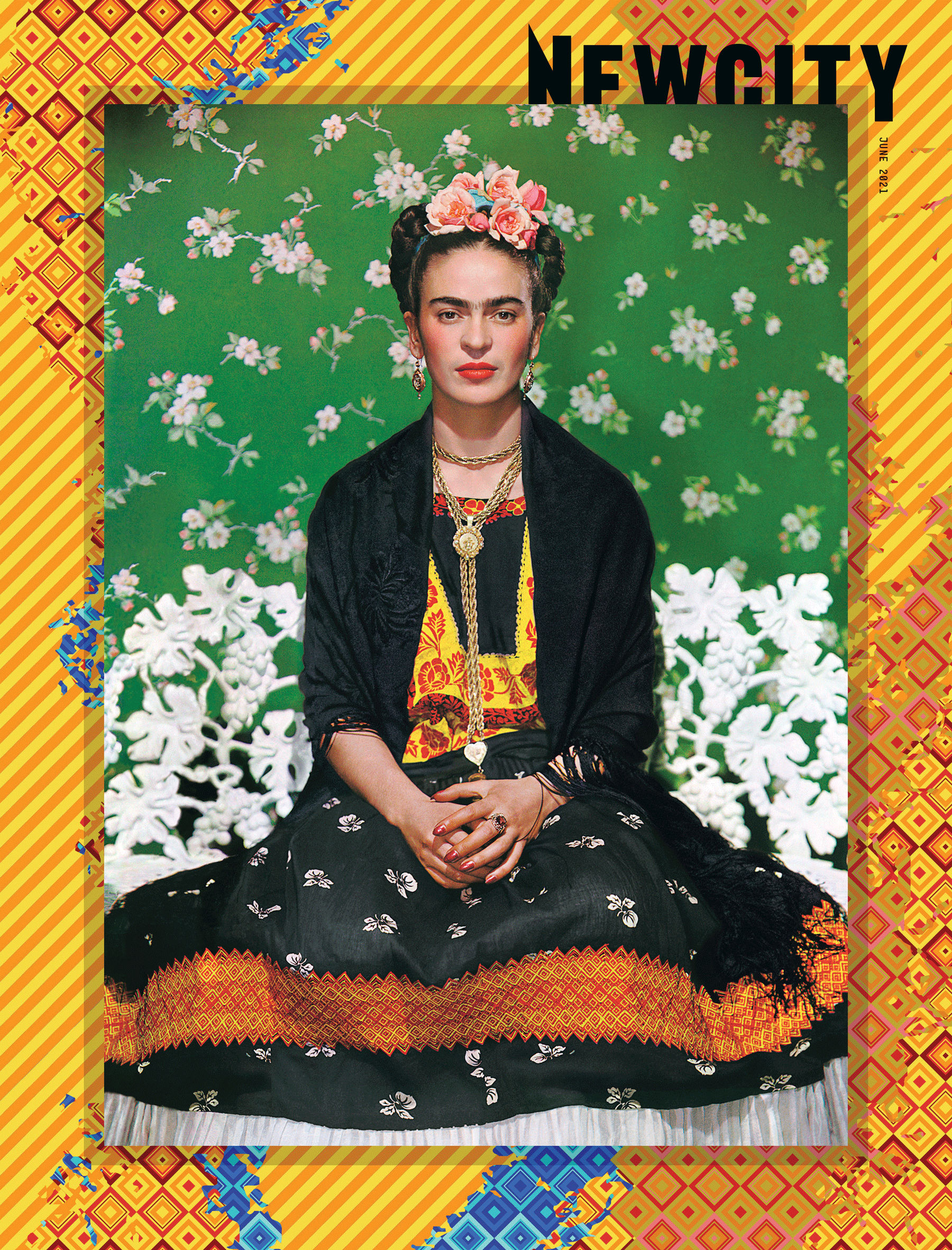 A woman with flowers in her hair and colorful traditional clothing sits on a white bench against a green floral background, framed by a yellow patterned border—capturing the vibrant essence of the "June 2021: Frida" piece, inspired by African American art and reminiscent of displays at renowned Chicago art events.