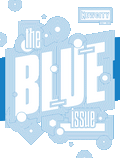 A stylized cover for the July 2022 Issue: Blue (Print Edition) features bold blue lines and geometric patterns, with text reading "BLUE issue" and "NEWCITY July 2022." The striking blue-and-white design—drawing inspiration from art addressing race and violence—incorporates circles, polygons, and dynamic graphic elements.