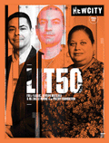 Three people stand together on the cover of Newcity’s August 2022 Issue: Lit 50 (Digital Edition), which features an orange background with black vertical lines and text highlighting their names and The Poetry Foundation. The vibrant design is reminiscent of installations like Nick Cave’s Spinner Forest at the Museum of Contemporary Art Chicago, where wind spinners playfully catch the light and animate the space.