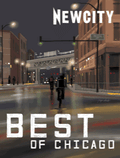 A vivid illustration from the February 2023 Issue: Best of Chicago (Digital Edition) shows cyclists navigating wet city streets at night, with bold white "Best of Chicago" text overlaying the scene and city buildings in the background—capturing the vibrant spirit and urban energy that define Chicago culture.