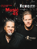 Two men with serious expressions stand together on the cover of Newcity’s August 2017 Issue: Music 45, which features the headline “Who Keeps Chicago In Tune 2017.” This special edition highlights influential figures in Chicago music and explores the dynamic scene that supports iconic events such as Lollapalooza.