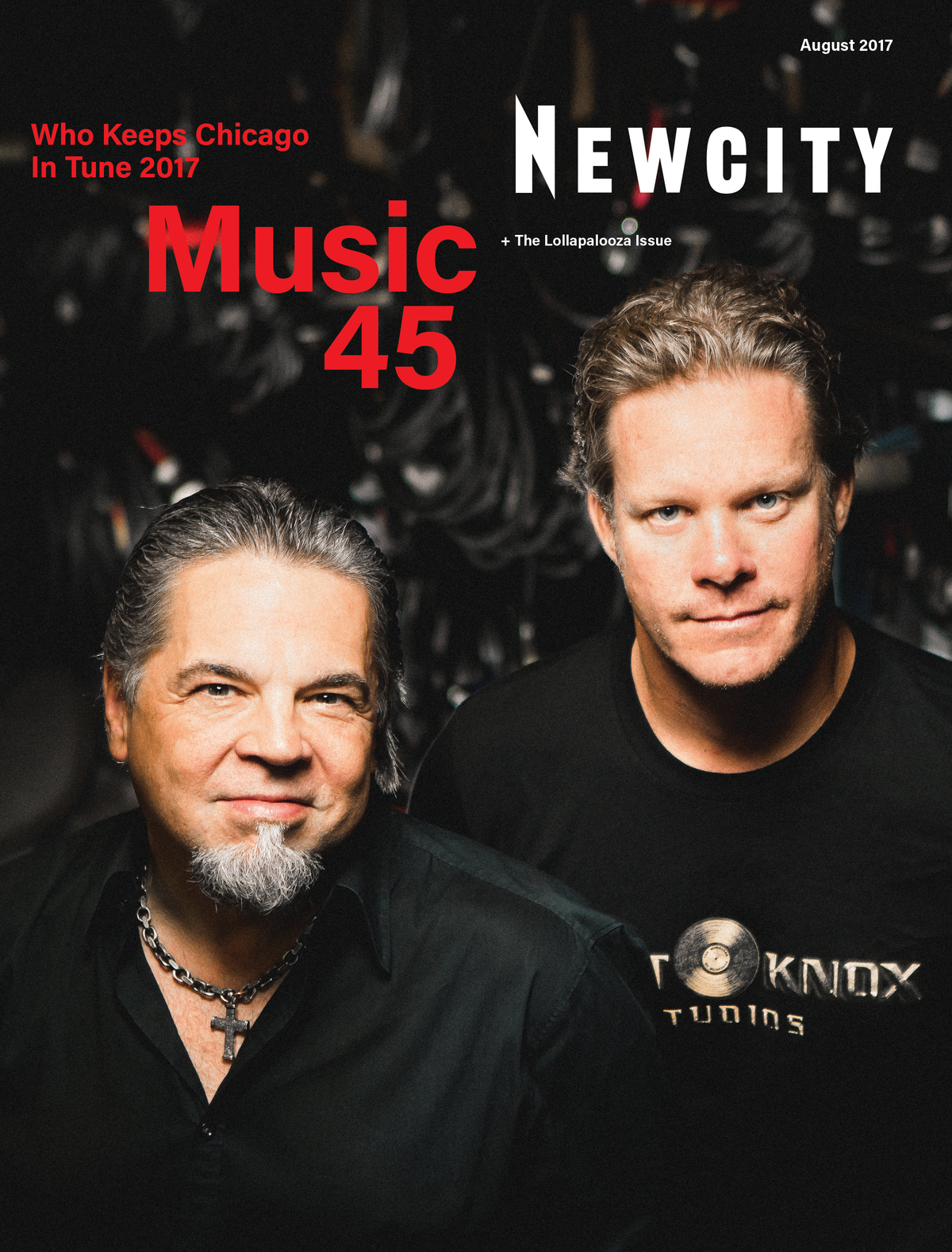 Two men with serious expressions stand together on the cover of Newcity’s August 2017 Issue: Music 45, which features the headline “Who Keeps Chicago In Tune 2017.” This special edition highlights influential figures in Chicago music and explores the dynamic scene that supports iconic events such as Lollapalooza.